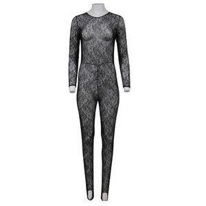 Chanel Women 20A Floral Jumpsuit 40 Black Sheer Lace CC Loog Long Sleeve Stirrup